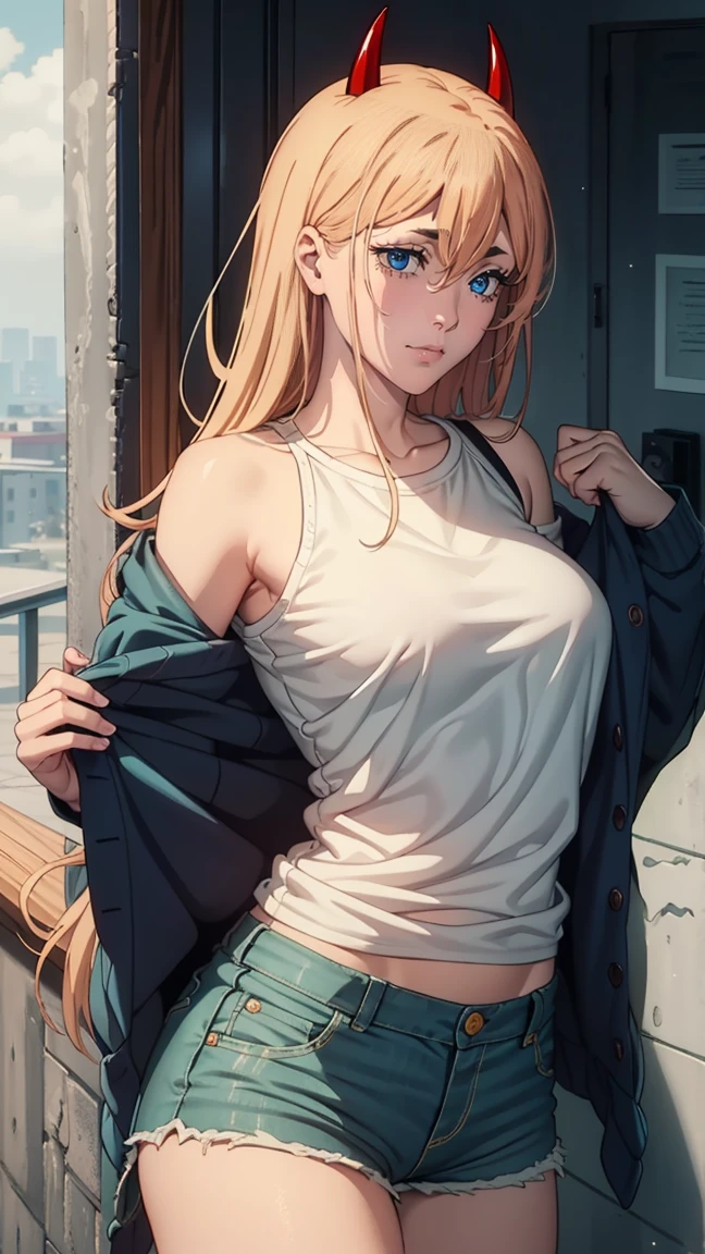 masterpiece, очень detailed, Best quality, ultra high resolution, 1 girl, full length (Full body 1.1), horns, long hair, I look at the viewer, medium breast,, In the open air, power (Man with a chainsaw), hooligan, rebel, smile, blue jacket, trousers, horns демона, yellow eyes, cross-shaped pupils, shirt, hair between eyes, Black trousers, (with grinning shoulders:1.3), (partially_unbuttoned:1.2), Белая shirt Ультра прозрачная, Chainsaw Man Energy, Два красных острых horns на голове, ultra sharp image, very beautiful, small chest. long hair, blonde, beautiful figure, tight clothes, T-shirt with the image of a cat, denim shorts, shoes, ярко-yellow eyes, Red crosses and circles instead of pupils, beautiful body, sexy clothes, beautiful eyes, very detailed eyes, очень detailed face, beautiful body, Chereter Design, очень detailed, detailed body, detailed hands, detailed, Vibrating, detailed Face, Sharp Focus, oops, Artgerm, anime art, Vibrating, detailed Face, Hugh Details, Sharp Focus, Very downcast face, Detailed eye, super lovely illustration, best shadow, finely detail, beautiful detail