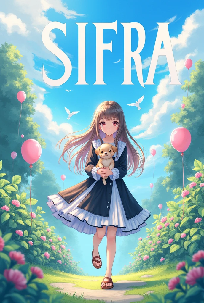 A beautiful girl in a garden and holding a cute puppy and open hairs her hair colour is brown and light black and wearing a long frock the frock colour is light black and white and Plus light blue and she wearing a cute sandals and the sky colour is blue Plus light is pink and wear flying some balloons and birds please write the name Sifra in big letters