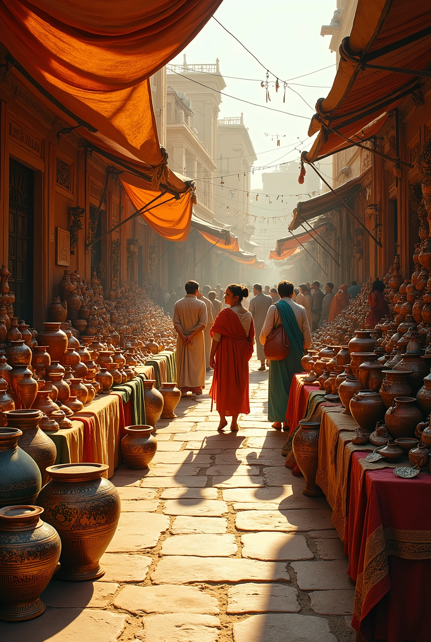 "Imagine a vibrant, historical scene of a bustling market bathed in the warm, golden light of late afternoon. The market is filled with an array of exquisite ceramic pots, vases, and dishes from various ancient cultures, each piece meticulously crafted and adorned with intricate, traditional patterns from Ancient Greece, China, and Egypt.

The ceramic pieces gleam under the soft light, their rich glazes reflecting a spectrum of colors—from deep cobalt blues and verdant greens to lustrous golds and earthy reds. Vendors, dressed in colorful, period-appropriate attire, engage warmly with buyers, who marvel at the beauty and craftsmanship of the ceramics.

The market stalls are draped in vibrant textiles, adding layers of texture and color, while the air is filled with the lively sounds of conversation and the gentle clinking of ceramics being admired. The scene captures a moment of cultural exchange and artistry, where every detail—from the ornate designs on the pottery to the dynamic interactions between people—contributes to a richly beautiful and immersive atmosphere."