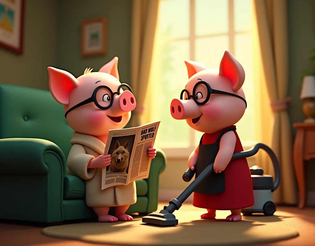 official art, unity 8k wallpaper, (ultra detailed), beautiful and aesthetic, masterpiece, best quality, pixar style, 3d, 2 extra cute pigs looking at each other, 1 cute father pig is on the left wearing glasses and house robe is sitting on the couch reading newspaper looking right at the mother pig. On the newspaper there is a photo of a big bad wolf and the headline reads "BAD WOLF SPOTTED". On the right is 1 cute mother pig wearing glasses and long red dress and black apron is using the vacuum cleaner to clean the carpet is looking left at the father pig, both are smiling and looking to the right, game button art, Game illustration, lovely digital painting, artstation for kids art, Official artwork, key art, mobile game art, cover game art, zootopia concept art, (soft lighting:1.3), (green and earthy color scheme:1.3), (highly detailed), (ultra quality:1.3), (masterpiece), (digital art), 8K resolution, HDR, depth of field, (soft shadows), (photorealistic:1.3), (animation:1.2), (by Greg Rutkowski:0.9), (in the style of Alphonse Mucha), trending on ArtStation, award-winning art