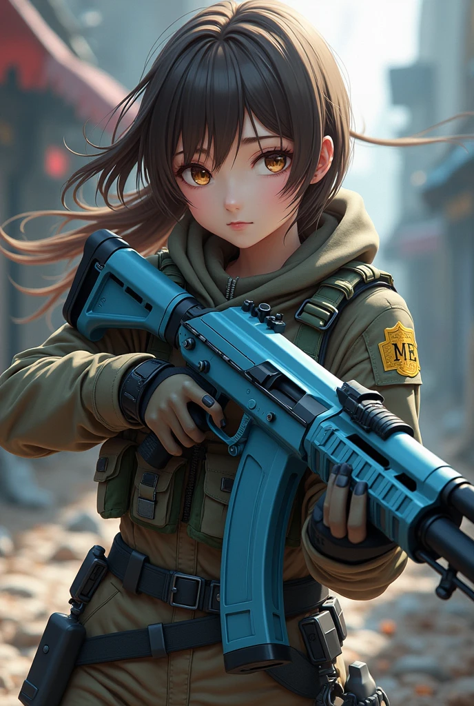 I want a girl with brown eyes, black eyebrows, brown hair. I want her to be dressed as a war-type gamer and have a light blue MP40 weapon and for the drawing to be anime but well drawn with full body detail and more camouflage clothing.