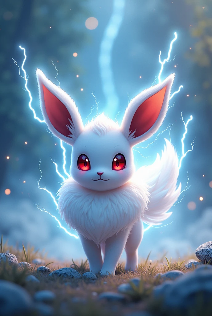 fairytale Pokémon Eevee white hair and red with with lightning all-around
