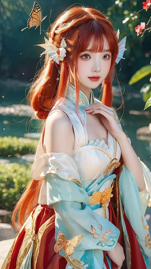 anime girl with red hair and a red dress with a butterfly in her hair, 8k high quality detailed art, 8k)), palace ， a girl in hanfu, by Fan Qi, beautiful digital artwork, a beautiful artwork illustration, by Li Song, 4k highly detailed digital art, chinese style, inspired by Ai Xuan, by Yang J