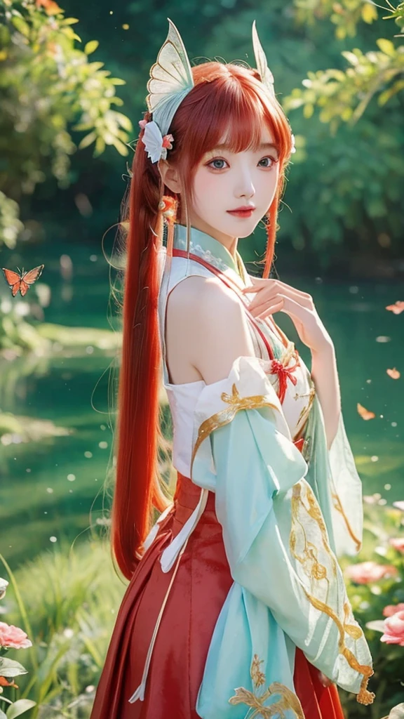 anime girl with red hair and a red dress with a butterfly in her hair, 8k high quality detailed art, 8k)), palace , a girl in hanfu, by Fan Qi, beautiful digital artwork, a beautiful artwork illustration, by Li Song, 4k highly detailed digital art, chinese style, inspired by Ai Xuan, by Yang J