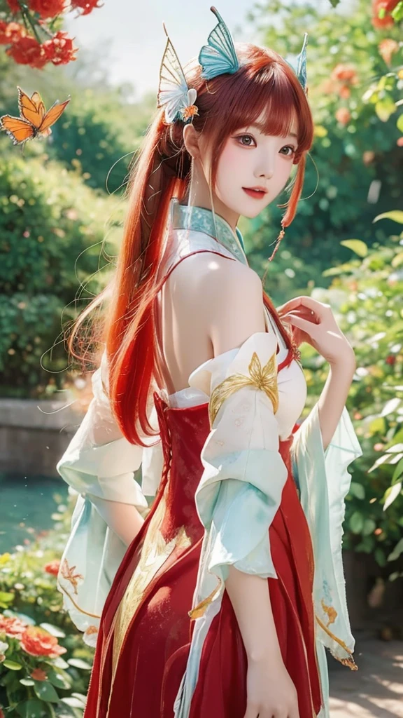 anime girl with red hair and a red dress with a butterfly in her hair, 8k high quality detailed art, 8k)), palace , a girl in hanfu, by Fan Qi, beautiful digital artwork, a beautiful artwork illustration, by Li Song, 4k highly detailed digital art, chinese style, inspired by Ai Xuan, by Yang J