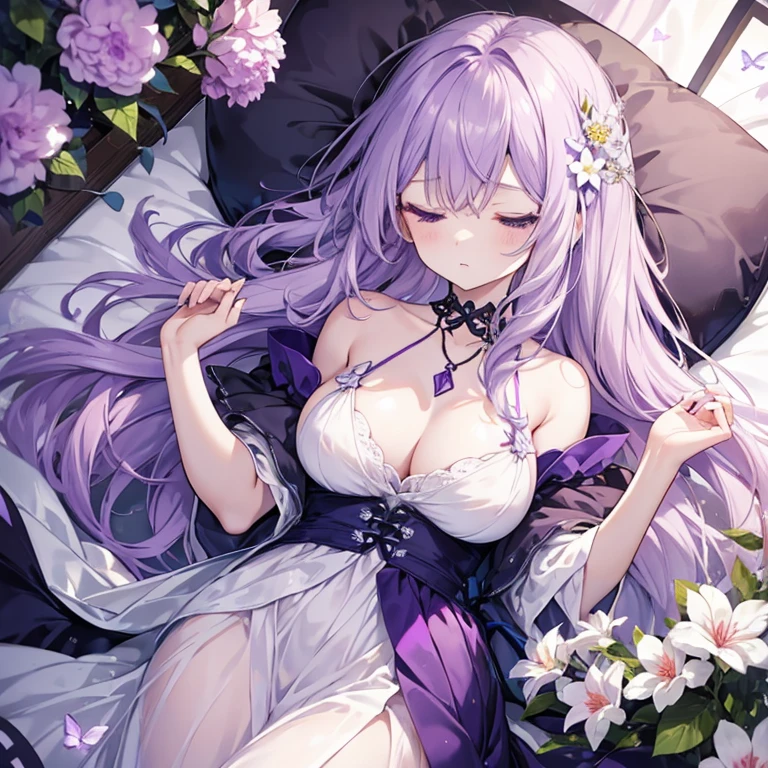 1 girl、Mature、Ample breasts、Long Hair、pale purple hair、Light color、Fleeting、sleepy、Pale-colored flowers、Purple butterfly、Shoulder Bare、necklace、dress、I'll never wake up、Lace fabric、In a dream、High resolution、Highest quality