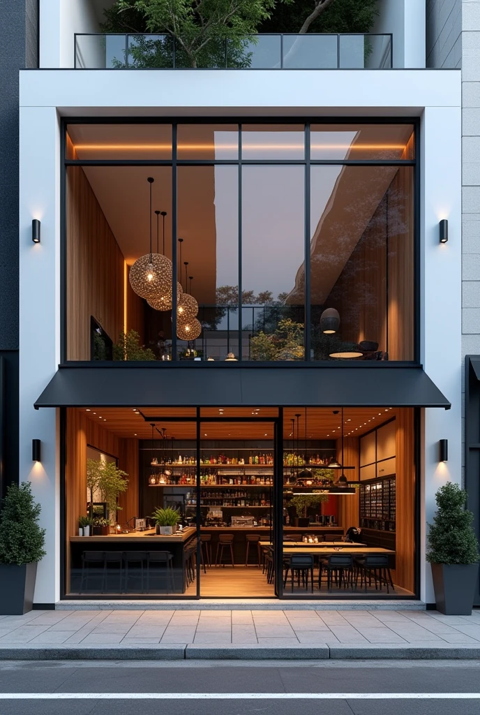 Restuarant facade architecture , a view of 4th floors resturant facade with larg window , main material by glossy white wall and black stone and wood, RAW photo, real, best quality, masterpiece:1.2), look morden minimalist , shime ring light, light brighteness from indoor:1.2, dynamic lighting: 1.3, (hyper realistic, photo-realistic:1.2), high quality, day lighht, hight contrast :0.5 perfect lighting, archdaily, award winning contemporary, masterpiece, well-designed masterpiece, 4th floors
