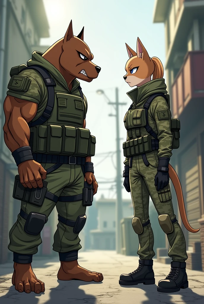 "Create a picture anime of Mr. and Mrs. Smith, but with one difference: Mr. Smith looks like a Pitbull dog and Mrs. Smith looks like a Siamese cat. They are preparing for a fight, both looking serious. They are dressed in camouflage clothing with utility belts, giving them a tactical and military appearance.