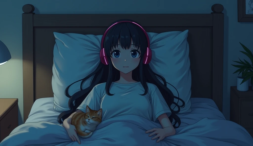 8k、night、dim、high school girl、Mature、long hair、trainer、Using headphones、bed、Cat、 2D-style animation, Lo-Fi、Retro、アニメ調An illustration、An illustration