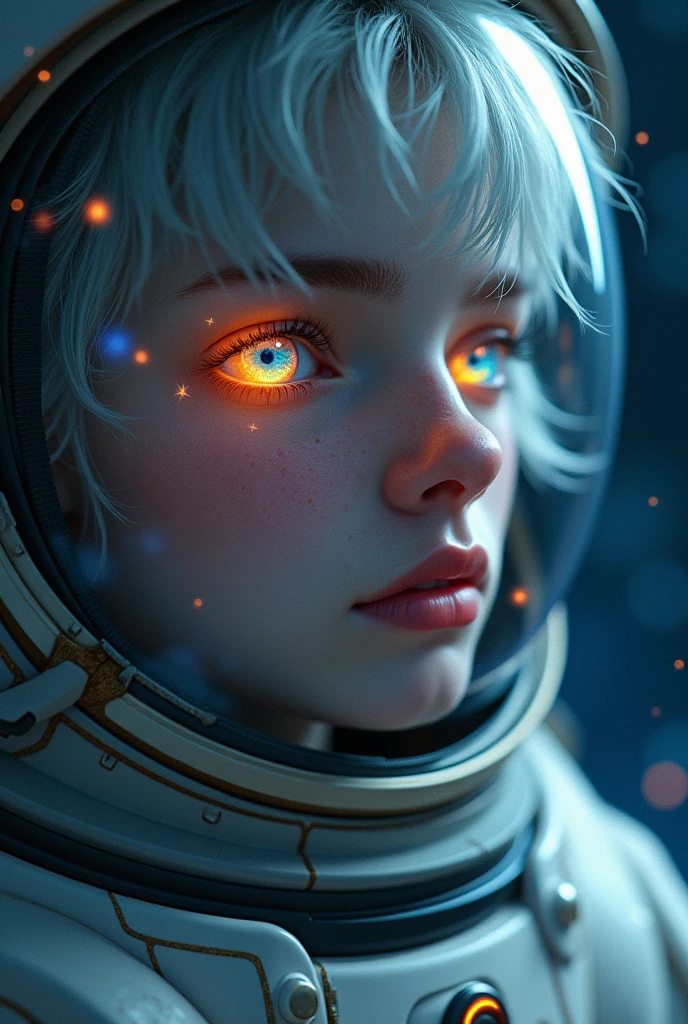 (Close-up of a better masterpiece:1.5)0.9], (Space and astronauts:1.2) (Messy silver hair:1.1) (Heterochromia xanthochromia and blue eyes:1.2) (Space Helmet:1.0) (Colored stars in the eyes:1.0) (A radiant glow:1.1) (thick lips:0.9)