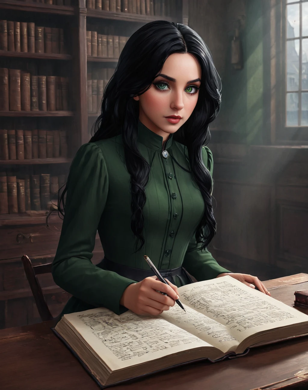 1 girl, young  girl,daughter of severus snape, green eyes , black hair, Dans le style scretch (noir et blanc), femme de face, entrain de lire un livre, background, des mains de monstres et de zombies, Detailed and technical drawing,