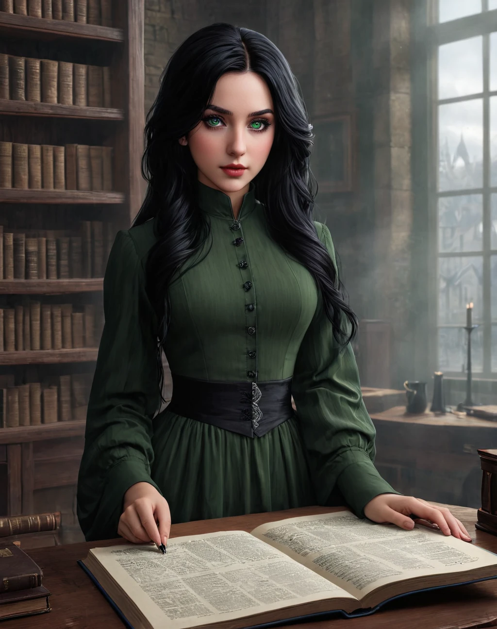 1 girl, young girl,daughter of severus snape, green eyes , black hair, Dans le style scretch (noir et blanc), femme de face, entrain de lire un livre, background, des mains de monstres et de zombies, Detailed and technical drawing,