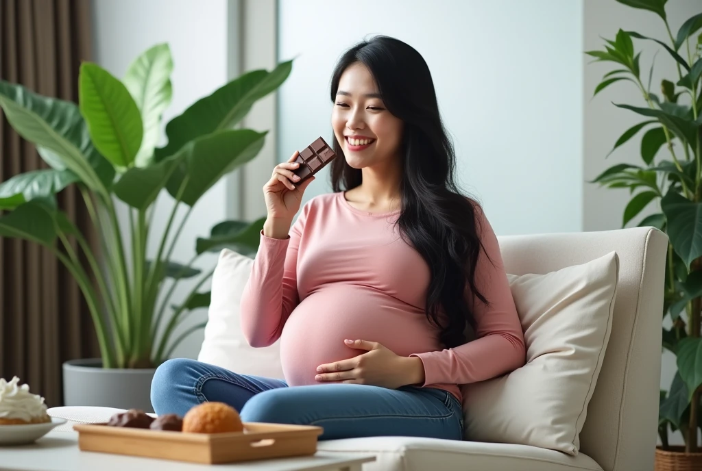 High Resolution, Masterpiece, Accurate, Best Quality, Detail, High Details, High Quality, Realistic photo. A 2 Indonesian wife, wearing a pink long sleeved top and blue jeans, long dark hair, white skin, height: 155 cm, weight: 45 kg. The image shows a pregnant woman sitting on a white lounge chair in a living room with a large window in the background. She is wearing a pink t-shirt and grey leggings. She has long dark hair and is holding a chocolate bar in her hand and taking a bite out of it. On the table in front of her, there is a tray of pastries. The room is decorated with green plants and there is a plant on the right side of the image. The overall mood of the image is relaxed and casual.