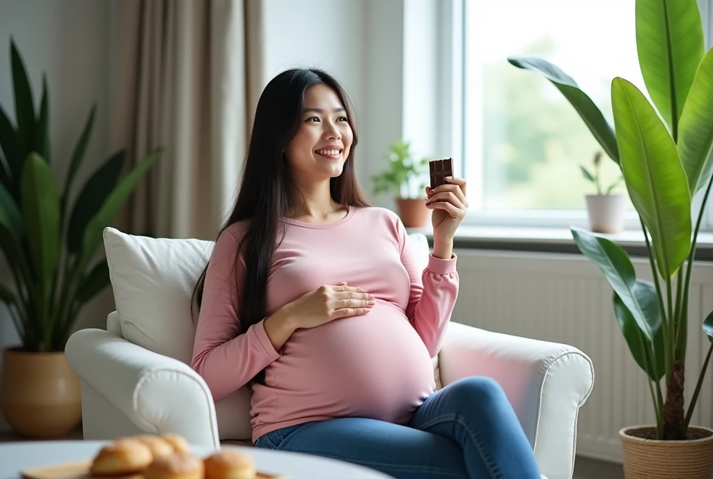 High Resolution, Masterpiece, Accurate, Best Quality, Detail, High Details, High Quality, Realistic photo. A 2 Indonesian wife, wearing a pink long sleeved top and blue jeans, long dark hair, white skin, height: 155 cm, weight: 45 kg. The image shows a pregnant woman sitting on a white lounge chair in a living room with a large window in the background. She is wearing a pink t-shirt and grey leggings. She has long dark hair and is holding a chocolate bar in her hand and taking a bite out of it. On the table in front of her, there is a tray of pastries. The room is decorated with green plants and there is a plant on the right side of the image. The overall mood of the image is relaxed and casual.