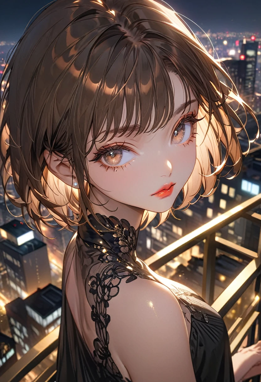 The background is the rooftop of a skyscraper at night，(Highest quality,Very detailed,High resolution:1.2),beautiful girl，Brown very short hair,Brown bangs，very_Long eyelashes, Detailed lips, Cool look, Soft Skin, Shiny Hair,Exquisite makeup,Shot from above，