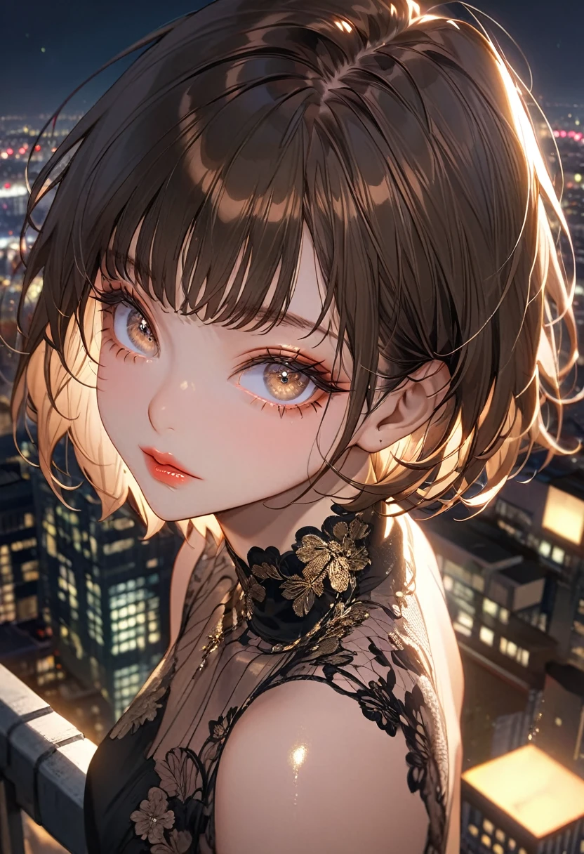 The background is the rooftop of a skyscraper at night,(Highest quality,Very detailed,High resolution:1.2),beautiful girl,Brown very short hair,Brown bangs,very_Long eyelashes, Detailed lips, Cool look, Soft Skin, Shiny Hair,Exquisite makeup,Shot from above,