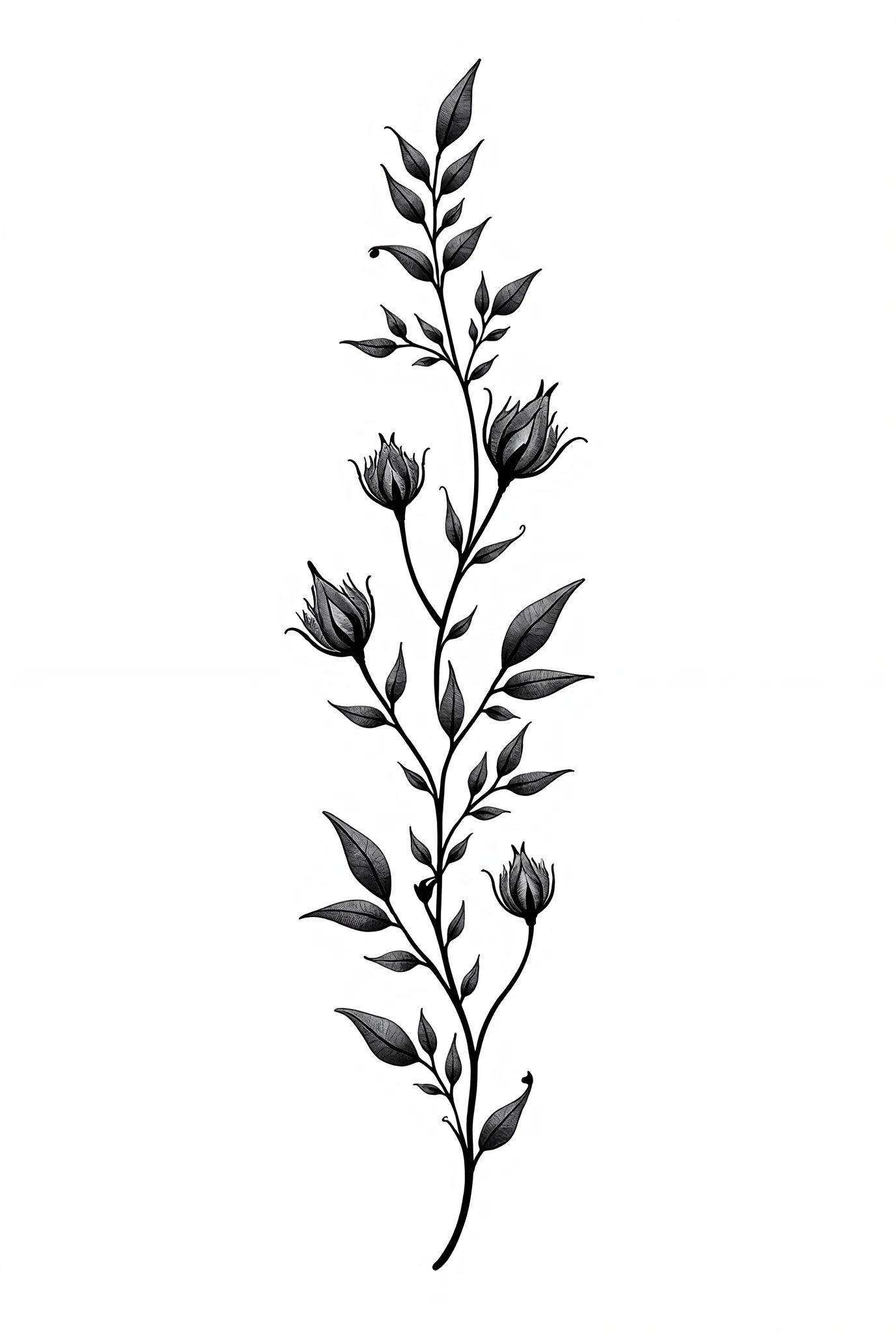 Black and white botanical tattoo design of approx 20 cm with two simple and small snakes in ween