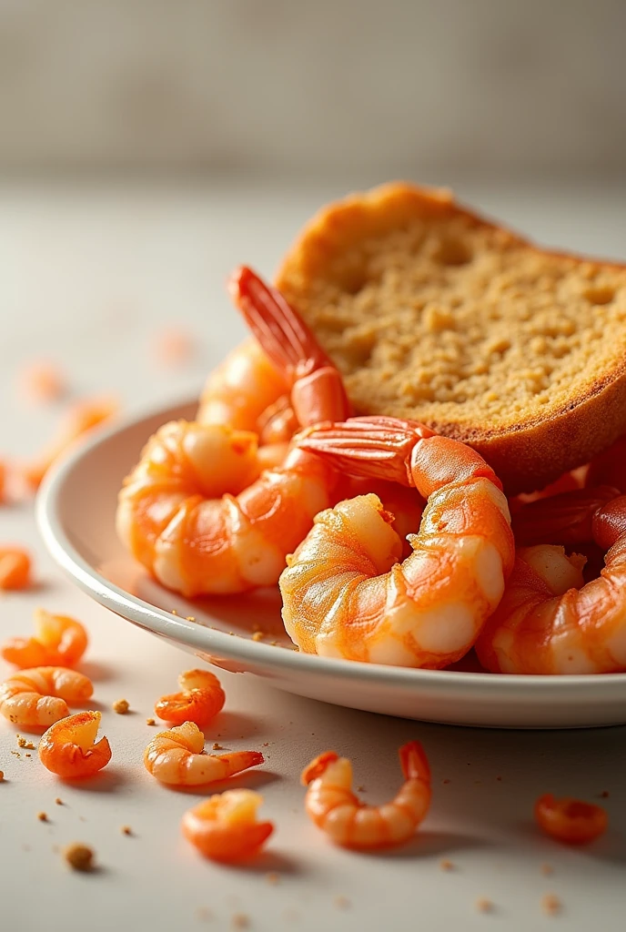 shrimp and shrimp with a sprinkled piece of bread on a plate, shrimp, shrimps are all over the ground, prawn, very crispy, food commercial 4 k, ready to eat, appetizing, close up food photography, high quality food photography, by Brian Thomas, food photography 4 k, mouthwatering, closeup at the food,Canon EF 100mm f/2.8L Macro IS USM