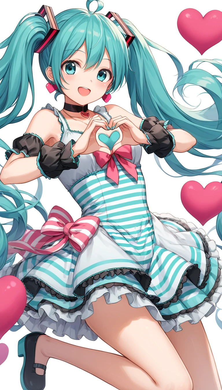 1girl, solo, hatsune miku, very long hair, twintails, aqua eyes, aqua hair, aqua nails, heart cutout, heart earrings, heart hair ornament, heart choker, heart ahoge, heart pendant, ((heart hands)), smile, open mouth, jumping, floating earring, floating hair, frilled dress, frilled sleeves, puff and slash sleeves, striped dress, striped ribbon, hair ribbon, curly hair, 