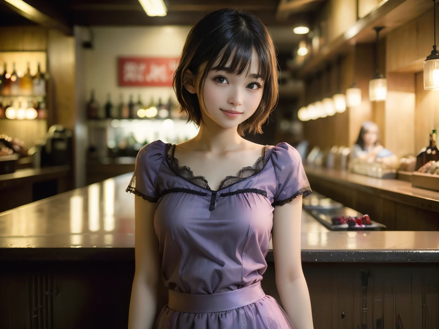 (Highest quality, masterpiece, Ultra-high resolution, 8k, RAW Photos, Realistic, Anatomically correct:1.5), 20-year-old girl:1.2, Embarrassing, avert your eyes, blush:1.0, View Viewer, ((bar)) 、Large windows、Night view、 Light:1.2, Bokeh, Cinema Lighting:1.0, Depth of written boundary, sharp、 Cute Face、Idol、(Black short sleeve lace top)、(Black tulle skirt)、(Purple clothes)、(Green patterned clothes)、”dwarf”、(Full Body Shot)、(Side angle)、Cowboy Shot、( smile)、((Ultra short hair、Berry Short))、(Straight bangs)、((See-through))、(( One woman))、look back、I can see your belly button、