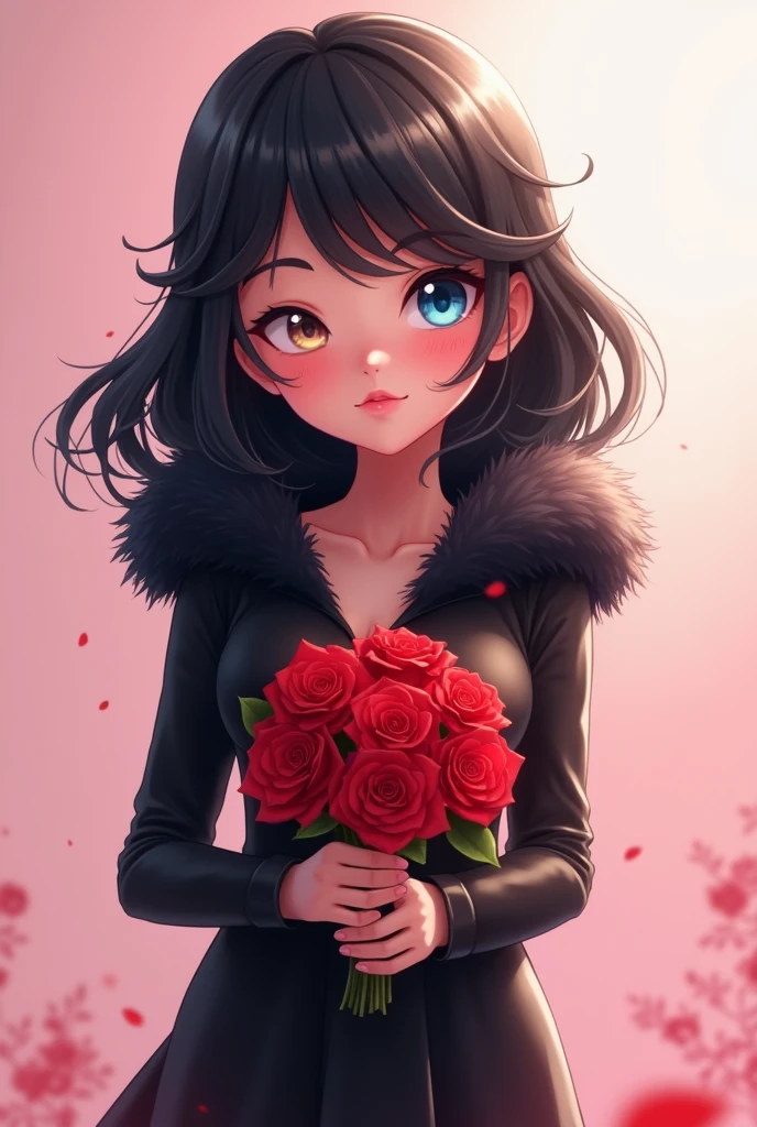 make a youtube profile picture of an animated roblox girl with black hair winking and with a black fur hood and a black tight long sleeve dress and a red rose bouquet with light pink background and blue eyes and swept bangs