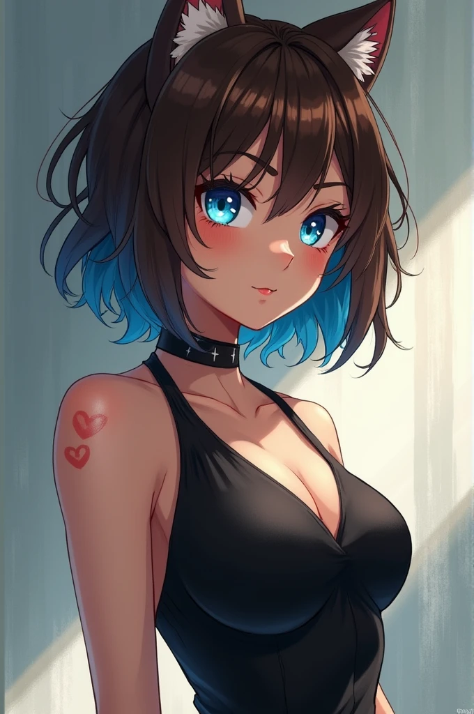 boku no hero academia anime style, Girl, blue eyes, brown hair in wolfcut cut, with the lower part of the hair dyed blue, with slight marks on his body like scars, tall and with a beautiful figure, soft makeup, blush, outlined, with a black dress