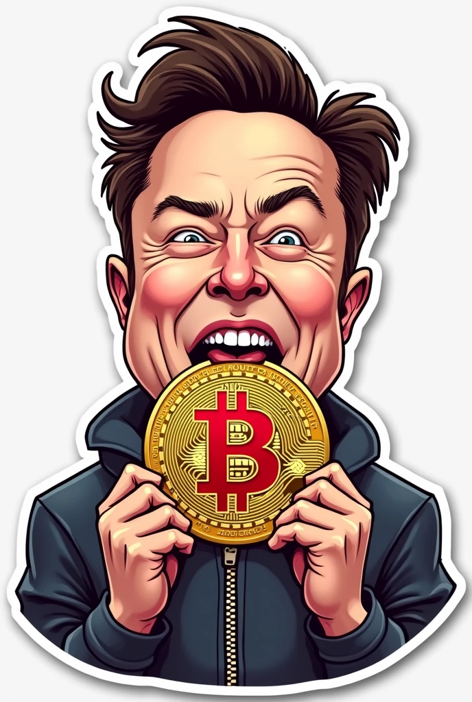 Vector image sticker art of Elon Musk biting Bitcoin medal like Olympic winner medal over his neck cartoonistic realistic medal biting little