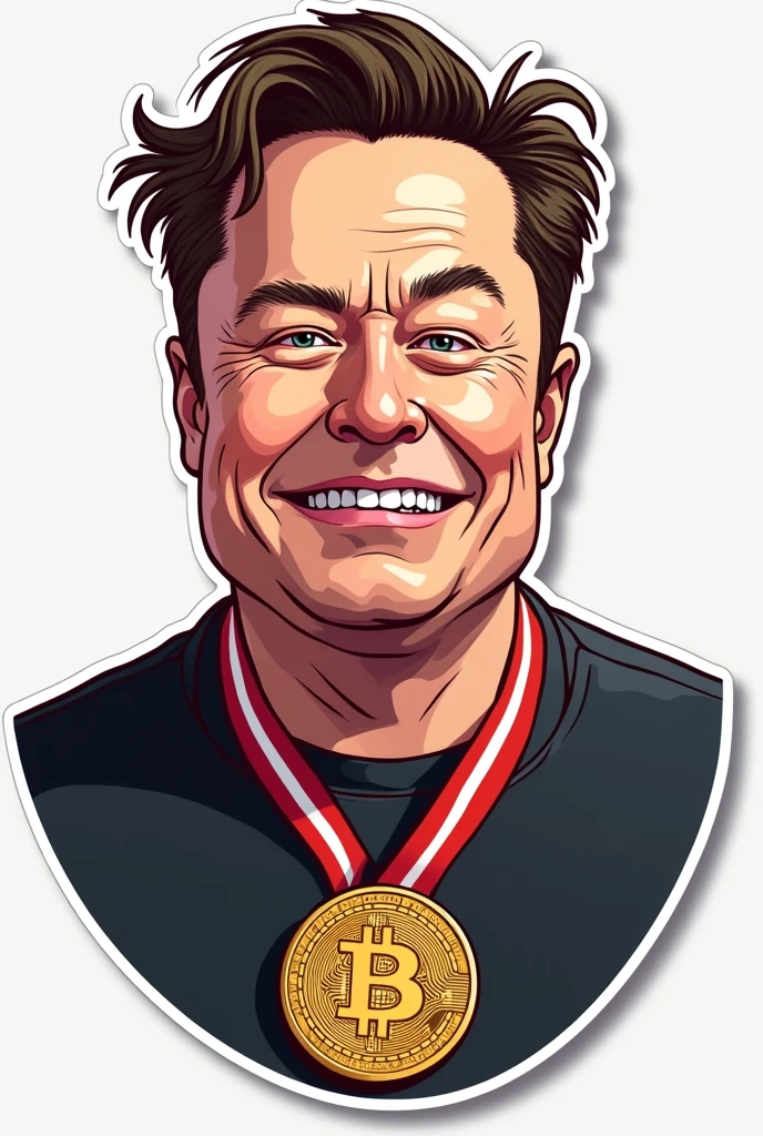 Vector image sticker art of Elon Musk biting Bitcoin medal like Olympic winner medal over his neck cartoonistic realistic medal biting little