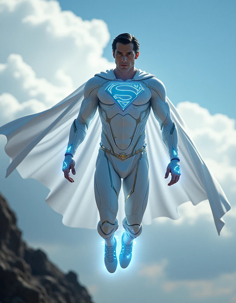 Superman emerges as a White Cybernetic Guardian. His iconic suit is now a sleek, white armor embedded with advanced cybernetic enhancements, glowing with a soft blue luminescence. His cape, a shimmering veil of white light, flows like data through the air. With enhanced strength, speed, and a connection to a vast digital network, he soars through the skies as a beacon of hope in a technologically advanced world.