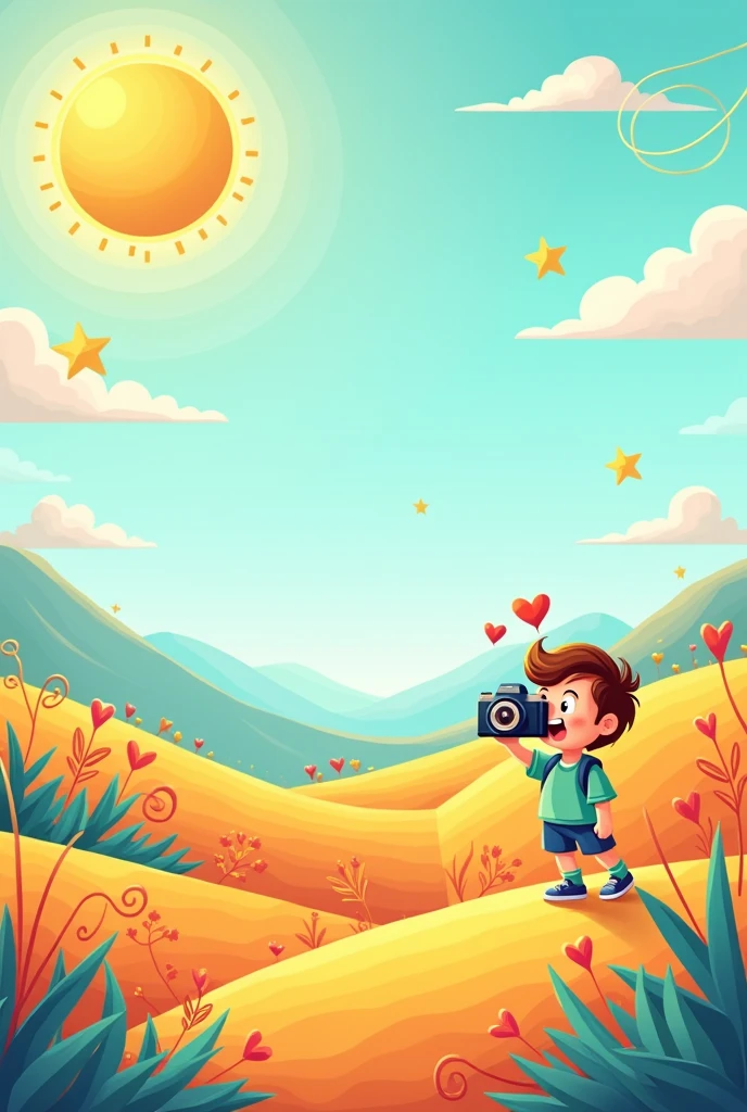 Draw me a poster background,I have a sun in the upper left corner,Then in the lower right corner there is a man holding a camera taking pictures,The image style is cartoony and cute.