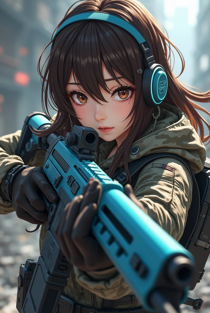 I want a girl with brown eyes, black eyebrows, brown hair. I want her to be dressed as a war-type gamer and have a light blue MP40 weapon and for the drawing to be anime but well drawn with full body detail and more camouflage clothing.