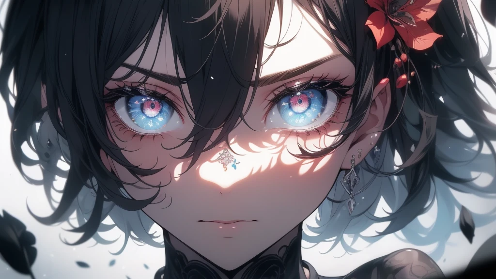 ((8k resolution))、((Highest quality))、((masterpiece))、((Very detailed))((((dramatic))), (((Rough feeling))), (((intense)))Focus on the face、tattoo、Clear Shadows、Vibrant, front,flower々background、Rich colors,Be confident,coil,scene,Boldness,to attract attention,Smart、tendency、I focus,,Short Bob