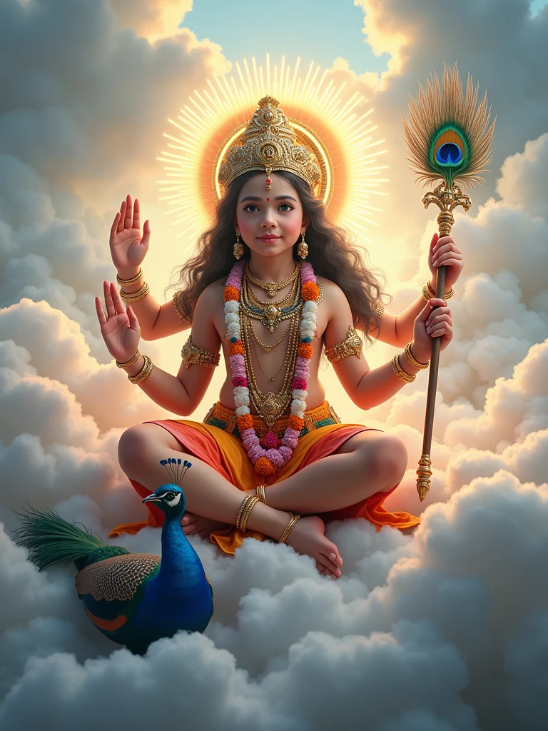 A divine kartikeya resembling a young deity is depicted seated amidst fluffy white clouds, surrounded by a radiant light. The Kartiya  wears an ornate golden crown and colorful traditional attire, adorned with intricate jewelry and floral garlands. In one hand, the deity holds a ceremonial staff, while a peacock is positioned at the feet, adding to the ethereal ambiance. Behind the Kartikeya, a backdrop of peacock feathers enhances the majestic scene, phone realistic