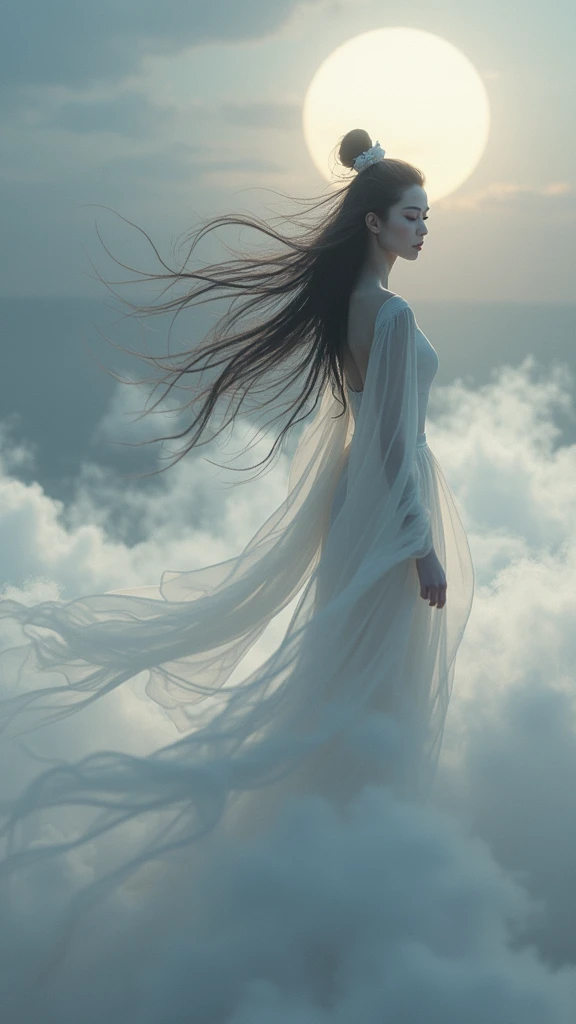 A (((masterpiece))) with exquisite ((best quality)) and attention to detail, depicting a (((Taoist with intricate details))), whose feminine form is (((detailed and distinctively drawn)), with her ((upper body)) enveloped in a ((softly swirling fog)), as if creating a ((dynamic, midair silhouette)), poised against a backdrop of a ((dusk-gray sky)) that blends into a (deep, midnight blue) on the horizon. A ((palely glowing full moon)) adds a serene touch to the scene, further highlighting the (mysterious and ethereal atmosphere). Natural lighting, (direct light:0.4), (insanely detailed, bloom:1.5), (highest quality, Alessandro Casagrande, Greg Rutkowski, Sally Mann, concept art, 4k), (analog:1.2), (high sharpness), (detailed pupils:1.1), detailed face and eyes, Masterpiece, best quality, (highly detailed photo:1.1), photographed by Canon EOS R6, 135mm, 1/1250s, f/2.8, ISO 400, Realistic, 8k, ((masterpiece)), looking at the viewer,  (detailed), detailed face, white skin,high quality, (RAW photo, best quality), (realistic, photorealistic: 1.4), (extremely delicate and beautiful: 1.4), amazing, fine details, masterpiece, ultra detailed, high resolution, best illustration, best shadow, intricate, ( extremely intricate: 1.2), (exquisitely detailed skin), cinematic light, perfect anatomy, (cool color: 1.4), sharp focus, 8k UHD, DSLR, (Fujifilm XT3),(estilo cinematográfico :1.4), (efectos cinematográfico :1.4), (colores cinematográfico), (dragon white :1.4) 