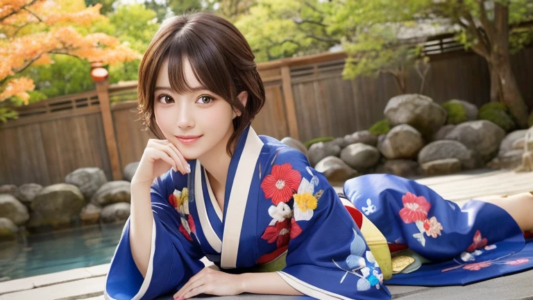 (8k, RAW Photos, Highest quality:1.2), (reality, reality的:1.4), (非常に詳細な8kwallpaper)、Sharp focus, Cinema Lighting, Beautiful eyes in every detail, Asymmetrical bangs, Glowing Skin, Highly detailed skin ,High resolution, Attention to detail, Detailed hairstyle, Ultra detailed face, Detailed lips, Hyper Real, Perfect limbs, Perfect Anatomy ,1 Japanese girl,Famous idols of Japan, Perfect female body,smile,short eyelashes,double eyelid、Look straight here,, whole body ,Tabletop、wallpaper、reality的、Bright lighting、Professional Lighting、Face Light Smooth Lighting、Beautiful woman、action、gravure、Sexy、so beautiful、Beautiful Skin、slim、((short hair))、((Brunette Hair))、Brown eyes、Looking into the camera、Small Bust、Pretty face,, smile, Hot spring background for hot spring inn, 超High resolution, Backlight, Top-down angle、Accurate 5 fingers, software , Bony body, Messy Hair,(High-quality yukata in vibrant colors:1.3), (Gorgeous embroidered kimono:1.3)、(You can see the torii gate.)、(Sitting on a rock in the garden)、Pull out