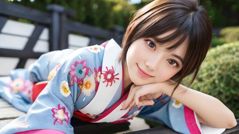 (8k, RAW Photos, Highest quality:1.2), (reality, reality的:1.4), (非常に詳細な8kwallpaper)、Sharp focus, Cinema Lighting, Beautiful eyes in every detail, Asymmetrical bangs, Glowing Skin, Highly detailed skin ,High resolution, Attention to detail, Detailed hairstyle, Ultra detailed face, Detailed lips, Hyper Real, Perfect limbs, Perfect Anatomy ,1 Japanese girl,Famous idols of Japan, Perfect female body,smile,short eyelashes,double eyelid、Look straight here,, whole body ,Tabletop、wallpaper、reality的、Bright lighting、Professional Lighting、Face Light Smooth Lighting、Beautiful woman、action、gravure、Sexy、so beautiful、Beautiful Skin、slim、((short hair))、((Brunette Hair))、Brown eyes、Looking into the camera、Small Bust、Pretty face,, smile, Hot spring background for hot spring inn, 超High resolution, Backlight, Top-down angle、Accurate 5 fingers, software , Bony body, Messy Hair,(High-quality yukata in vibrant colors:1.3), (Gorgeous embroidered kimono:1.u can see the torii gate.)、(Sitting on a rock in the garden)、Pull out
