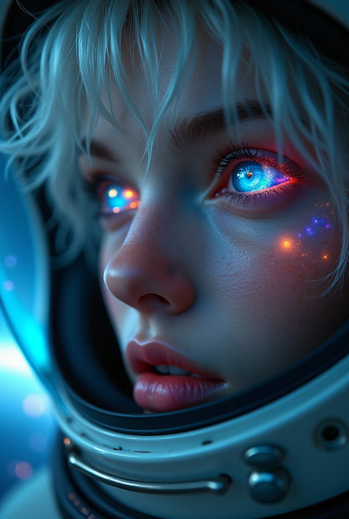 (Close-up of a better masterpiece:1.5)0.9], (Space and astronauts:1.2) (Messy silver hair:1.1) (Heterochromia xanthochromia and blue eyes:1.2) (Space Helmet:1.0) (Colored stars in the eyes:1.0) (A radiant glow:1.1) (thick lips:0.9)