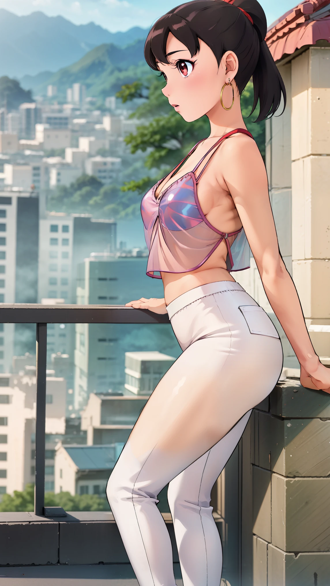 1girl light skin, small breasts,that highlight her facial features, with short hair, ponytail andblack hair,shizuka,hot,high-top boots with non-slip soles,1girl, close up shot, (light black hair(0.1), medium hair, large breasts, red eyes), perfect anatomy, city, , (( earrings, see through white leggings)), buildings,shizuka,hot,looking at viewe