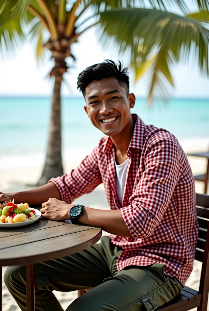 a handsome Indonesian man, short black hair, smile, red checkered shirt, cargo pants 3/4, barefoot, sitting in a restaurant sitting position outside, round table with es teler and a plate of food, outside there is a coconut tree, there is a white sand beach, photography, ultra HD, 4k
