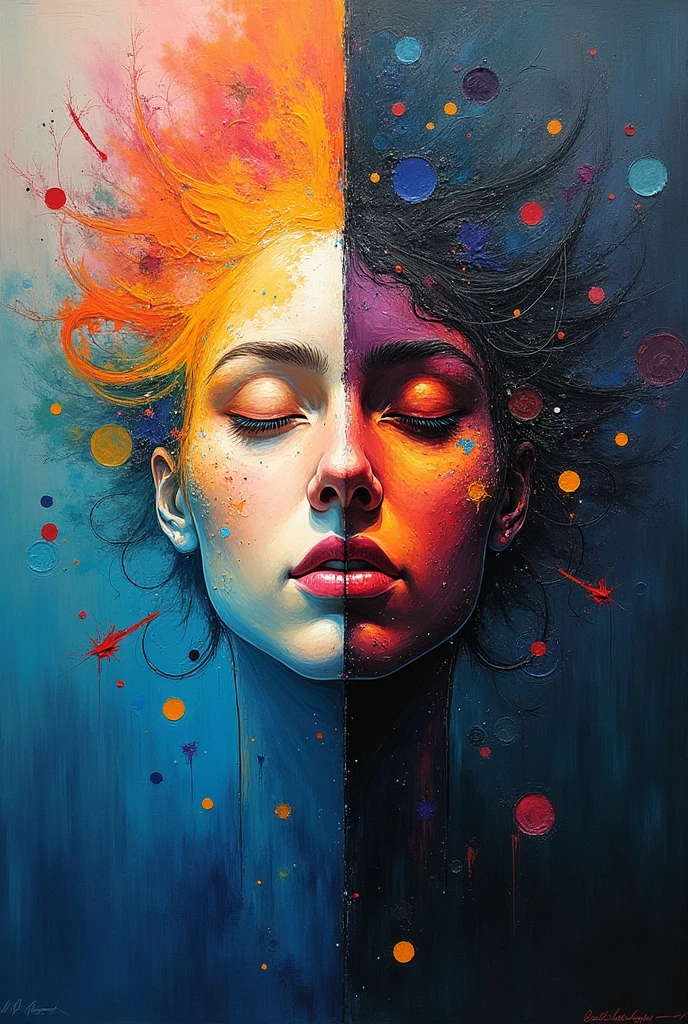 a half half painting, one part representing good feelings like happiness and calm and another bad part representing sad feelings like anxiety