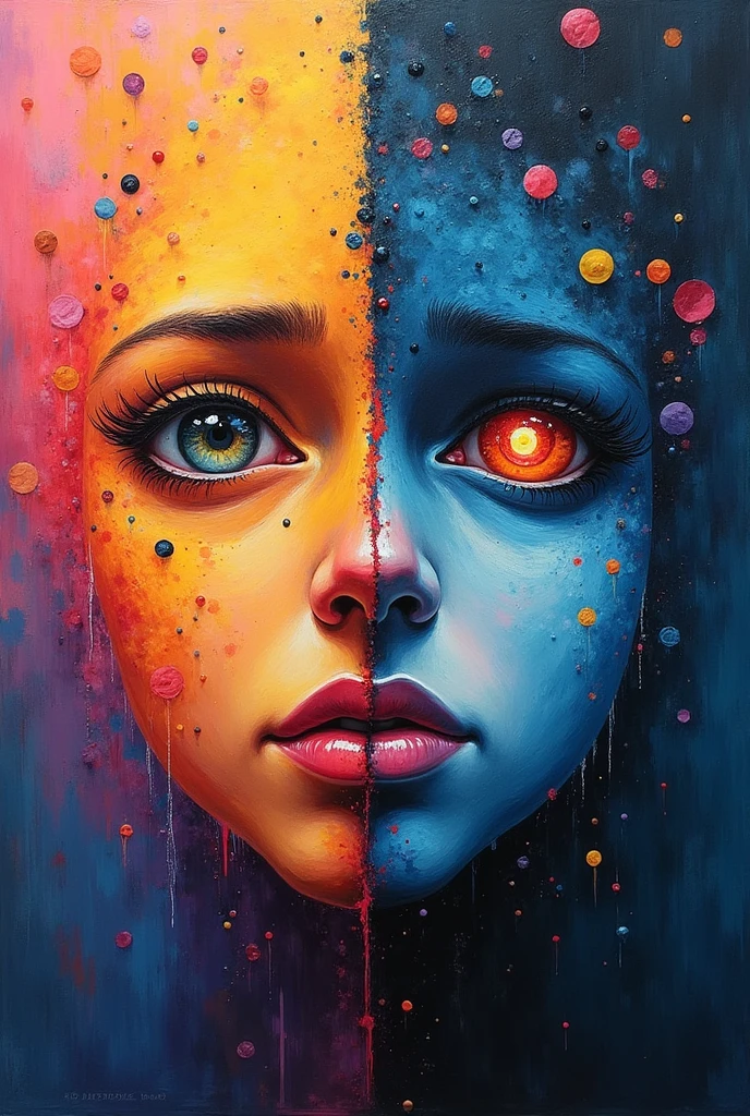 a half half painting, one part representing good feelings like happiness and calm and another bad part representing sad feelings like anxiety 

