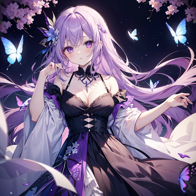 1 girl、Mature、Ample breasts、Long Hair、pale purple hair、pale colour合い、Fleeting、sleepy、pale colourの花、Purple butterfly、Shoulder Bare、necklace、dress、I'll never wake up、Lace fabric、In a dream、Warm sunlight、prism、pale colour、Vanishing、High resolution、Highest quality