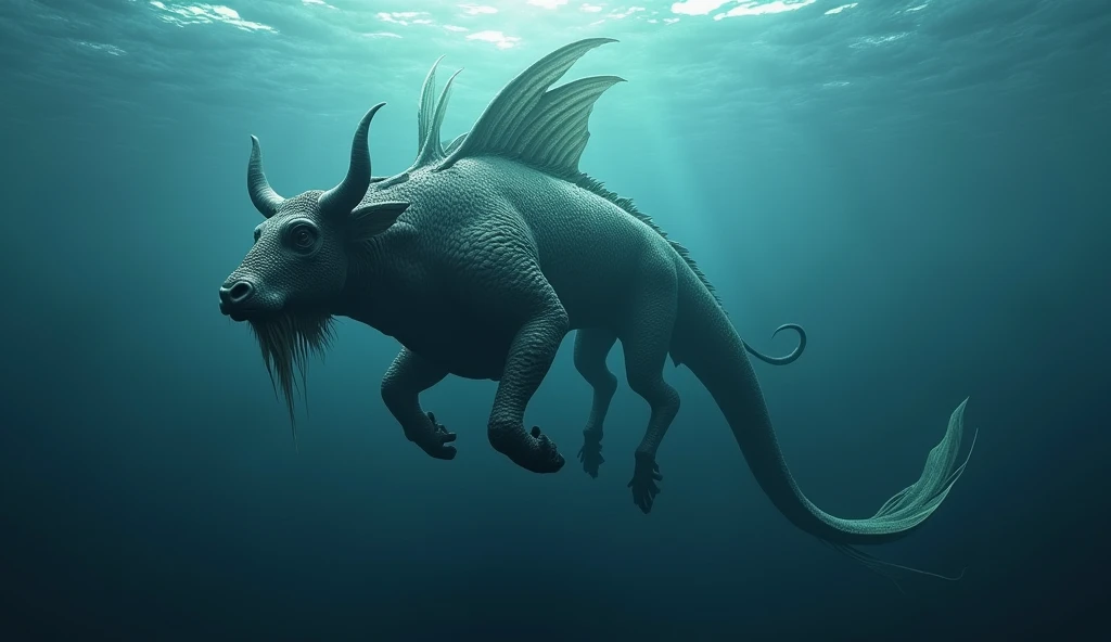There is a creature underwater with a bull's head, a fish's body, and a snake's tail.,Wings on the back(best quality,4K,8k,High level,masterpiece:1.2),Ultra Detailed,(lifelike,Photo real,Photo real:1.37)