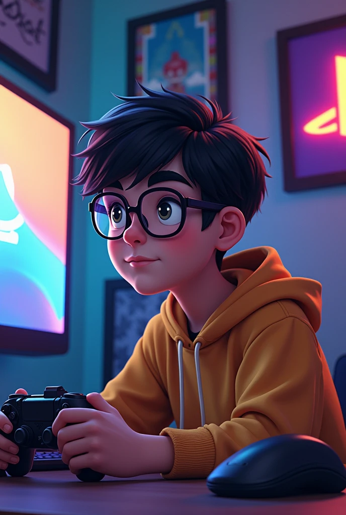 boy with glasses, gamer with a sweatshirt 
art by anurag  that has a play station controller logo and several video game posters in the background. 