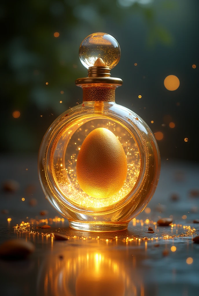 A perfume with a golden egg in the center, with rays of light emanating from its surface. The background should have minimalist details of a spiral galaxy, representing the infinite creative potential and the beginning of everything.