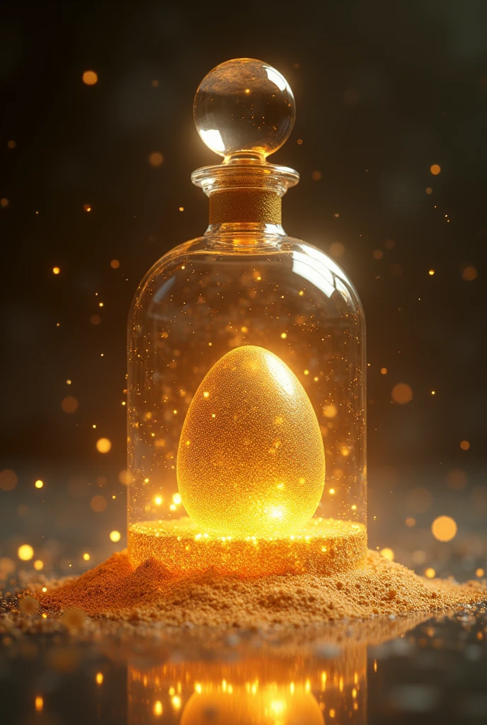 A perfume with a golden egg in the center, with rays of light emanating from its surface. The background should have minimalist details of a spiral galaxy, representing the infinite creative potential and the beginning of everything.