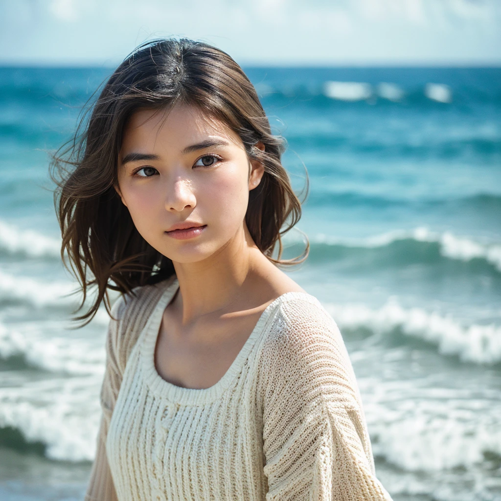 A hyper-realistic image of a single Japanese woman in her early 20s, captured with the nostalgic warmth and subtle graininess of a film camera, with the focus on her upper body from the shoulders up against a serene seaside backdrop. Her skin has a warm beige tone with a natural, slightly rough texture that includes visible pores, fine lines, and subtle imperfections such as small blemishes, adding to the authenticity of her appearance. The soft, diffused natural light reflects off the ocean waves, casting gentle, warm shadows across her face and shoulders, enhancing the film-like quality and creating a timeless, organic feel. Her straight, glossy black hair is slightly tousled by the ocean breeze, naturally framing her face, and her deep brown eyes reflect the soft light of the seaside, adding depth and emotion. The background subtly captures the peaceful ocean scenery with a glimpse of rolling waves and a faint horizon, blurred to maintain focus on her expression. The film camera effect introduces a slight grain and a softer focus, giving the image a warm, nostalgic atmosphere while maintaining the realistic texture of her skin. She is wearing a light, airy top that complements her natural beauty and the beach setting, with the overall composition designed to evoke a sense of genuine, understated elegance and connection with nature.
