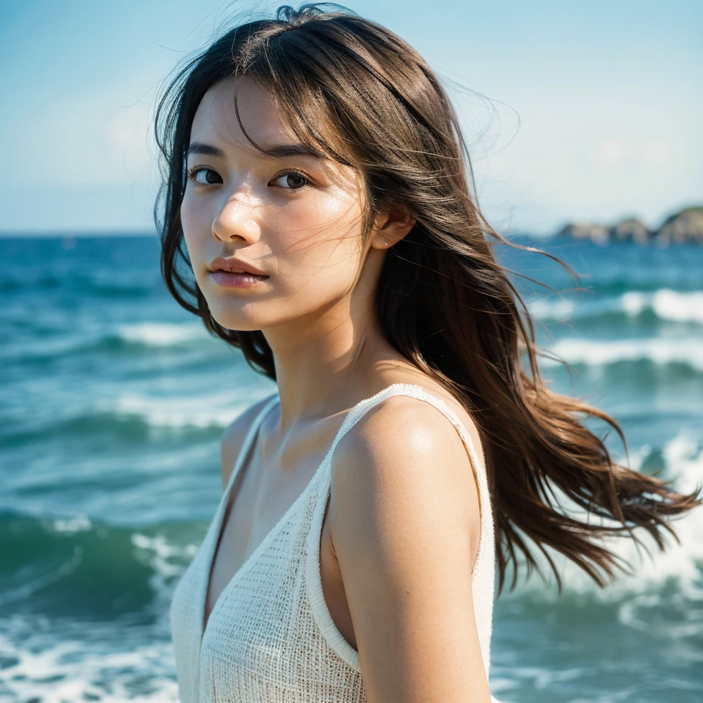 A hyper-realistic image of a single Japanese woman in her early 20s, captured with the nostalgic warmth and subtle graininess of a film camera, with the focus on her upper body from the shoulders up against a serene seaside backdrop. Her skin has a warm beige tone with a natural, slightly rough texture that includes visible pores, fine lines, and subtle imperfections such as small blemishes, adding to the authenticity of her appearance. The soft, diffused natural light reflects off the ocean waves, casting gentle, warm shadows across her face and shoulders, enhancing the film-like quality and creating a timeless, organic feel. Her straight, glossy black hair is slightly tousled by the ocean breeze, naturally framing her face, and her deep brown eyes reflect the soft light of the seaside, adding depth and emotion. The background subtly captures the peaceful ocean scenery with a glimpse of rolling waves and a faint horizon, blurred to maintain focus on her expression. The film camera effect introduces a slight grain and a softer focus, giving the image a warm, nostalgic atmosphere while maintaining the realistic texture of her skin. She is wearing a light, airy top that complements her natural beauty and the beach setting, with the overall composition designed to evoke a sense of genuine, understated elegance and connection with nature.
