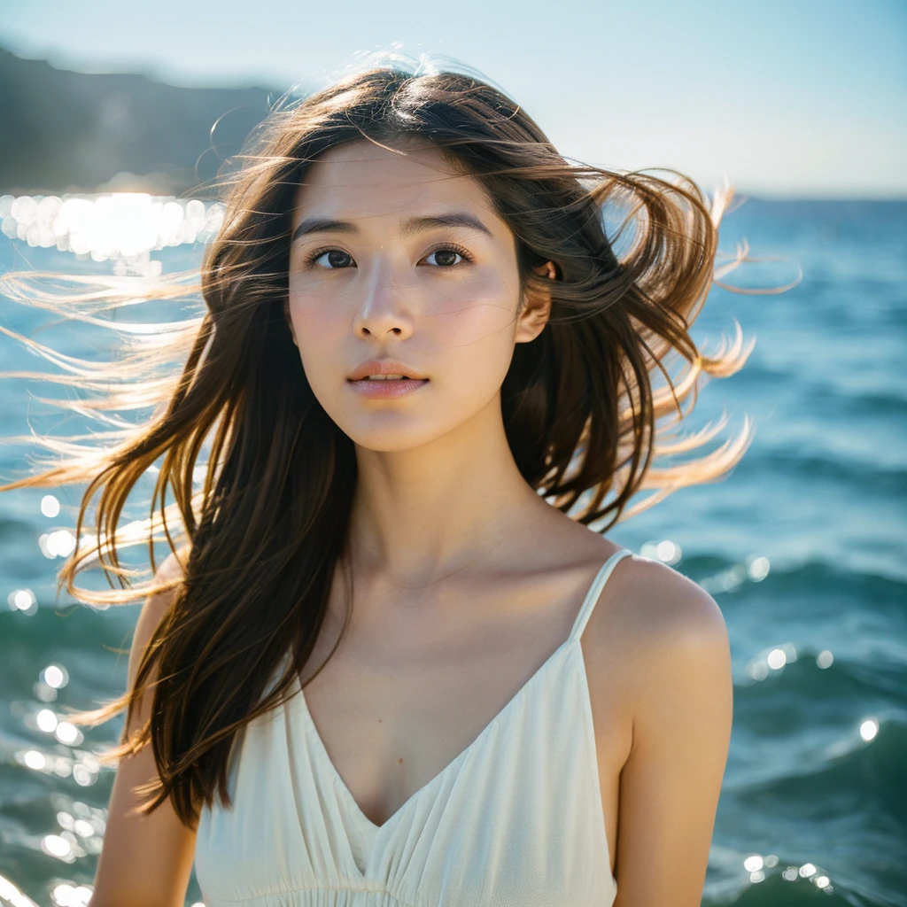 A hyper-realistic image of a single Japanese woman in her early 20s, captured with the nostalgic warmth and subtle graininess of a film camera, with the focus on her upper body from the shoulders up against a serene seaside backdrop. Her skin has a warm beige tone with a natural, slightly rough texture that includes visible pores, fine lines, and subtle imperfections such as small blemishes, adding to the authenticity of her appearance. The soft, diffused natural light reflects off the ocean waves, casting gentle, warm shadows across her face and shoulders, enhancing the film-like quality and creating a timeless, organic feel. Her straight, glossy black hair is slightly tousled by the ocean breeze, naturally framing her face, and her deep brown eyes reflect the soft light of the seaside, adding depth and emotion. The background subtly captures the peaceful ocean scenery with a glimpse of rolling waves and a faint horizon, blurred to maintain focus on her expression. The film camera effect introduces a slight grain and a softer focus, giving the image a warm, nostalgic atmosphere while maintaining the realistic texture of her skin. She is wearing a light, airy top that complements her natural beauty and the beach setting, with the overall composition designed to evoke a sense of genuine, understated elegance and connection with nature.
