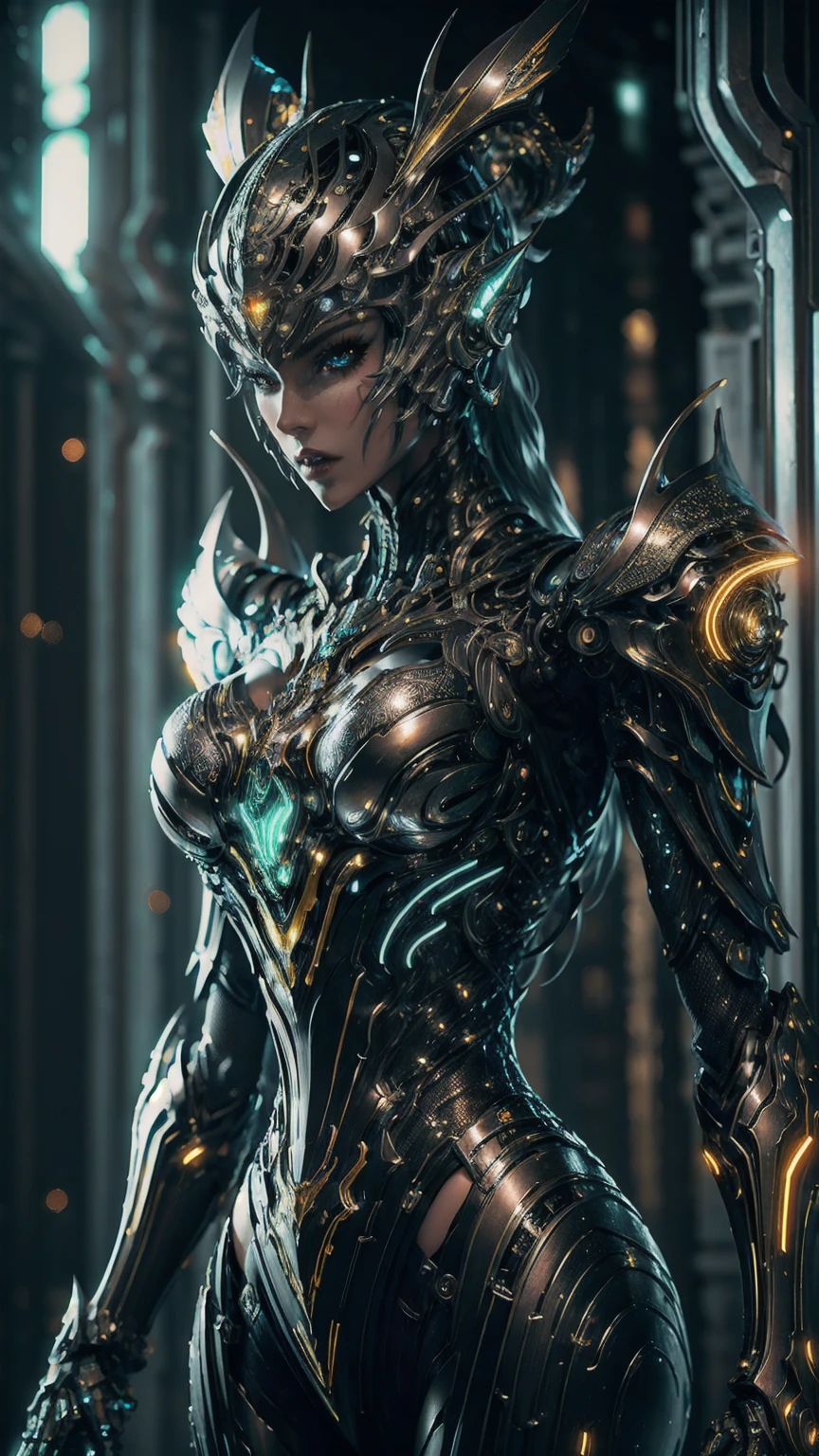 masterpiece, Best Quality, high angle, medieval futuristic city, 1 girl, alone, Pale skin, bee, armor of warframe, red hair to the floor, cybernetic suit, cyborg, neon lights on their clothes and cybernetic augmentations, 3D, hyperrealistic, realist, young girl, sexy, beautiful face, warrior pose, kingdompunk style, beautiful, showy, neon lights, intricate details, smooth skin, hyperrealistic, side glance, neckline, Extremely detailed 8k, seeds, High resolution, ultra quality, Highly detailed warrior eyes, very detailed mouth, Very detailed face, Perfect eyes, the eyes are silver colored, true light, Glare, iridescent, global illumination, real hair movement, Light of the neon kingdom, real shadow, The real way, 4k high definition, luz neon realist, bright Eyes, silver eyes, fluorescent eyes, neon light, half body, close up, Neon colors, yellow, blue, negro